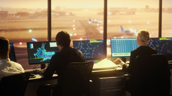 日落时分，空中交通管制团队在机场塔楼工作