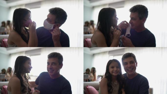 摘下口罩的父女疫情结束