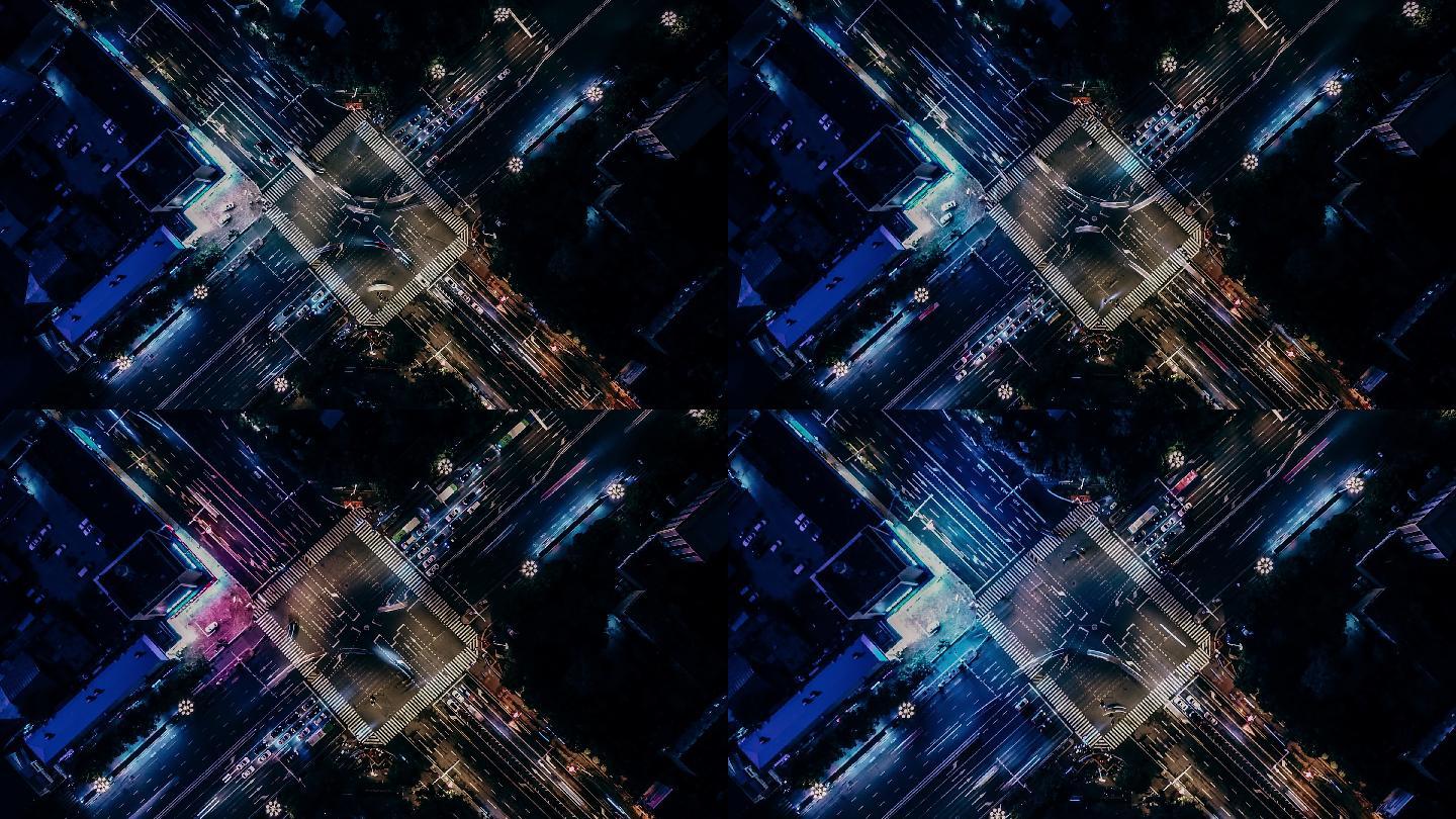 城市夜间的交通航拍俯视俯瞰川流不息车水马