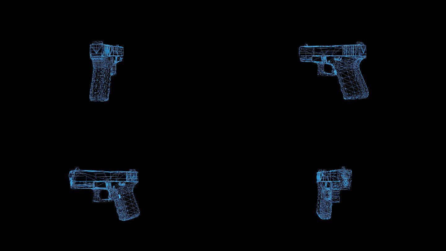 蓝色线框全息科技手枪动画带通道