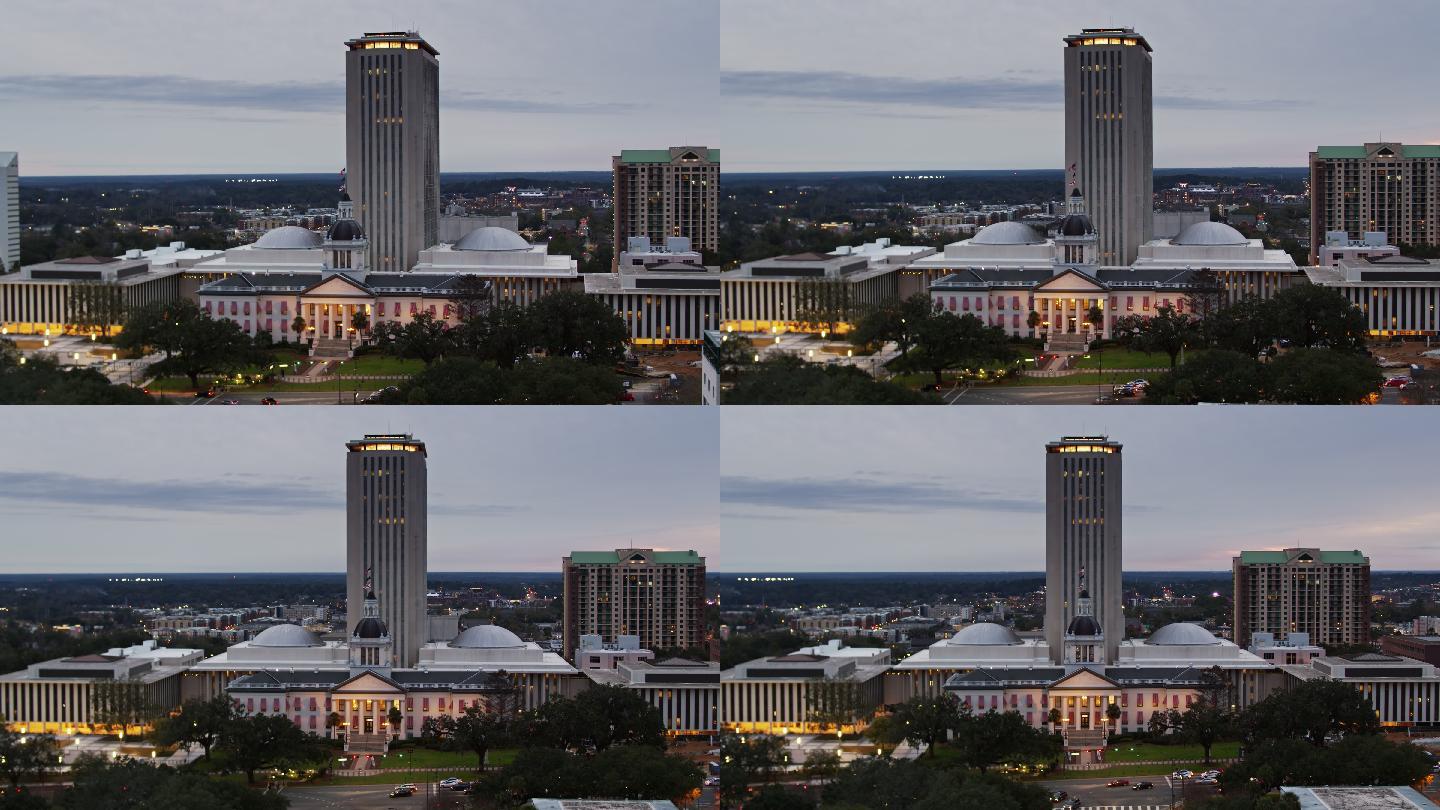 黄昏时分塔拉哈西佛罗里达州国会大厦鸟瞰图