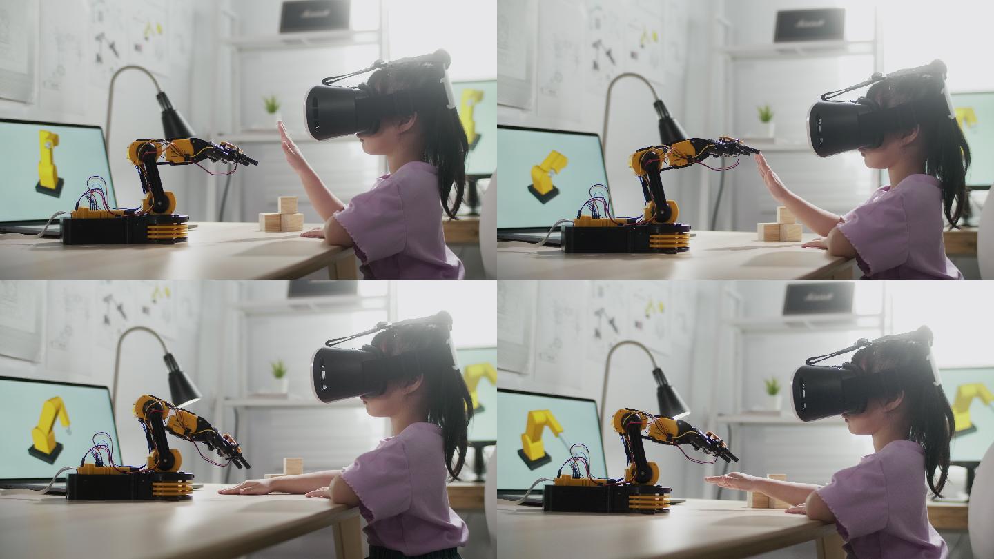 戴着虚拟现实眼镜控制机器人手臂的女孩