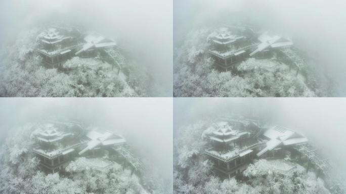 大雪中的杭州北高峰古建筑大气4K航拍
