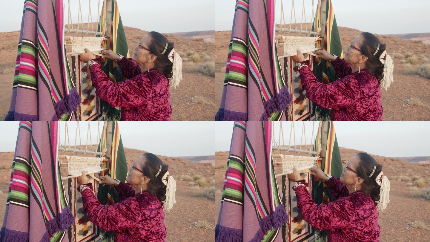 老年妇女正在用老式织布机制作传统毯子