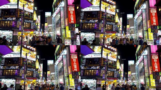 首尔，明洞区夜间繁华韩国街头步行街国外