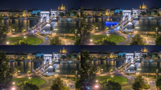 布达佩斯城市夜景欧洲城市风光夜景延时车流