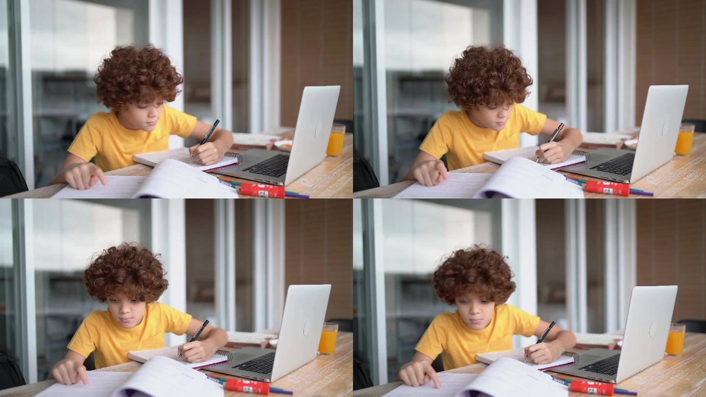 男孩在家里用笔记本电脑看视频课