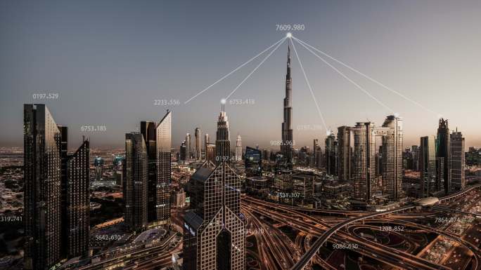 迪拜城市天际线和5G网络概念