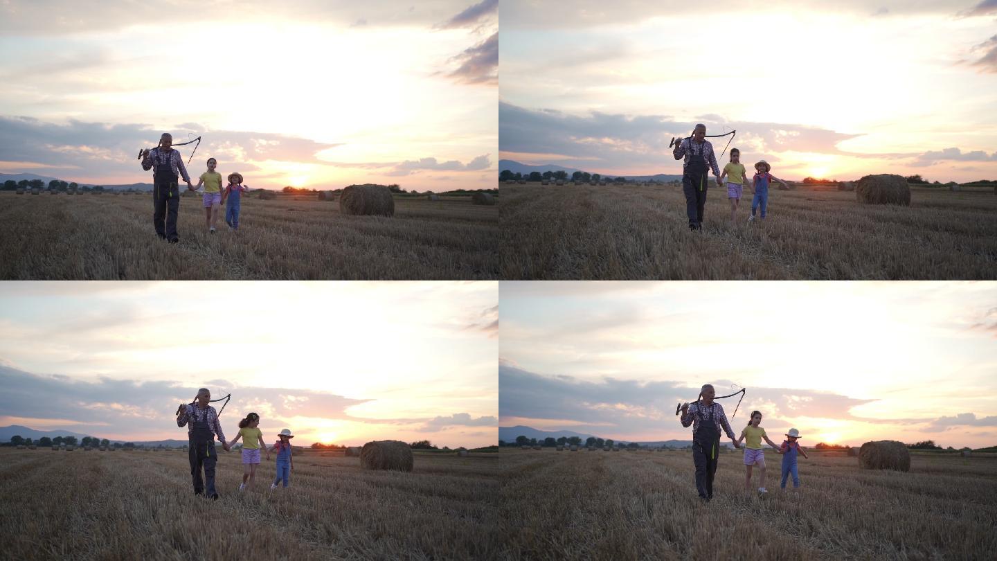 农民和他的孙女穿过一片麦田
