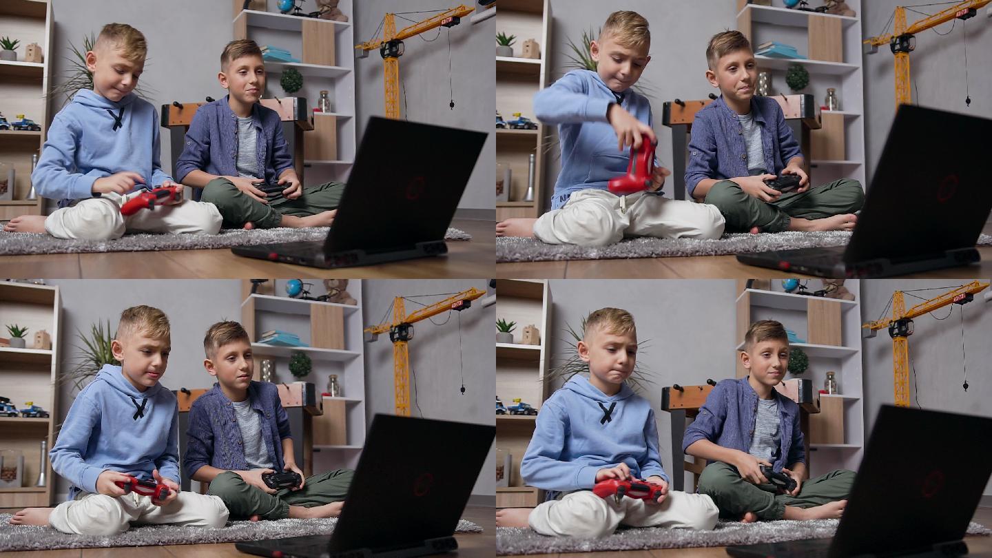 少年坐在地毯上，用操纵杆在电脑上玩游戏