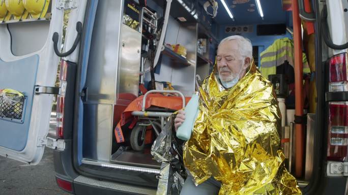 男子坐在救护车上，裹着金色的保温毯