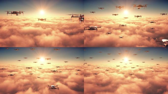 一大群无人机在云层上飞行