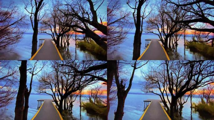 蓝天白云树木掩映湖边栈道通向湖中观景台