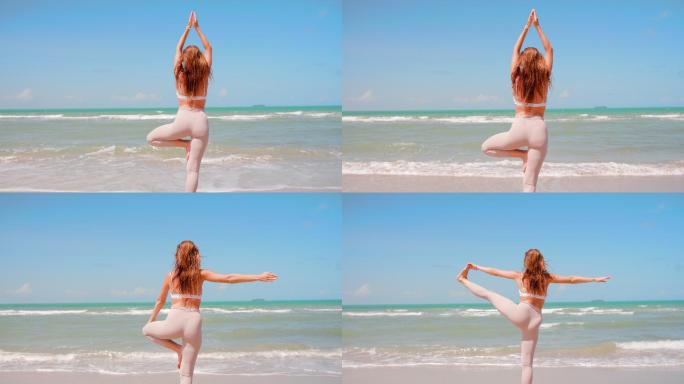 海边练瑜伽的女人瑜伽运动健康生活公园锻炼