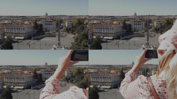 女士用智能手机给波波罗广场拍照