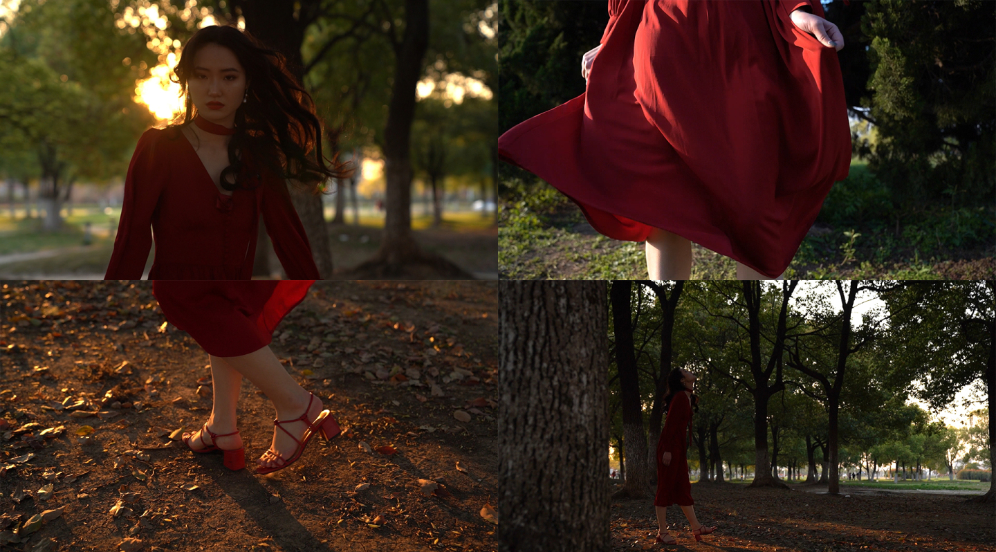 红裙子美女在树林中旋转跳舞