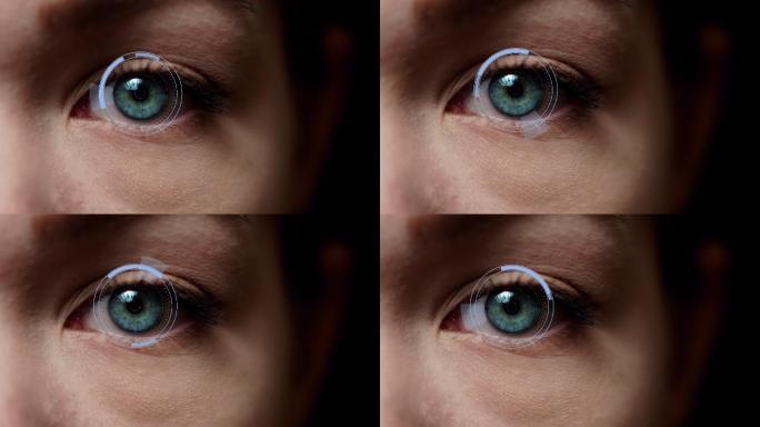 蓝色眼睛扫描。面部识别。