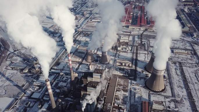 电站冬季鸟瞰图重工业大气排放物温室效应