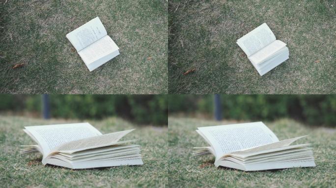 草坪上被风吹动的的书