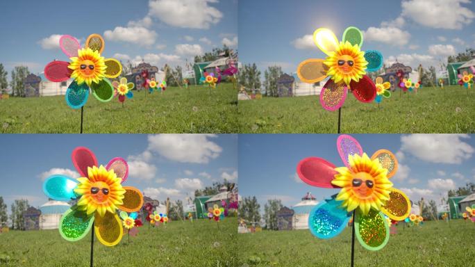 实拍草地上旋转的玩具风车视频素材