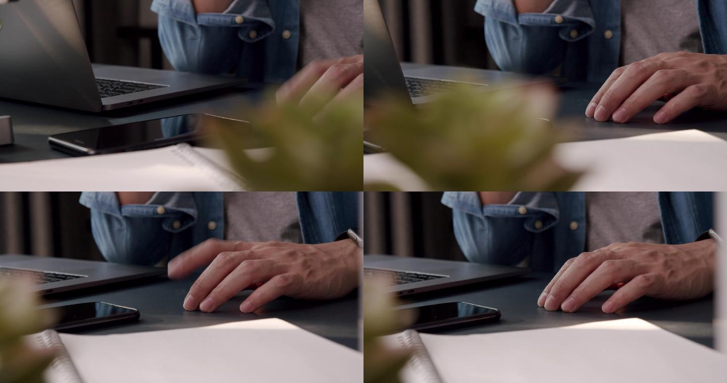 男人在家工作时用手指轻拍桌子