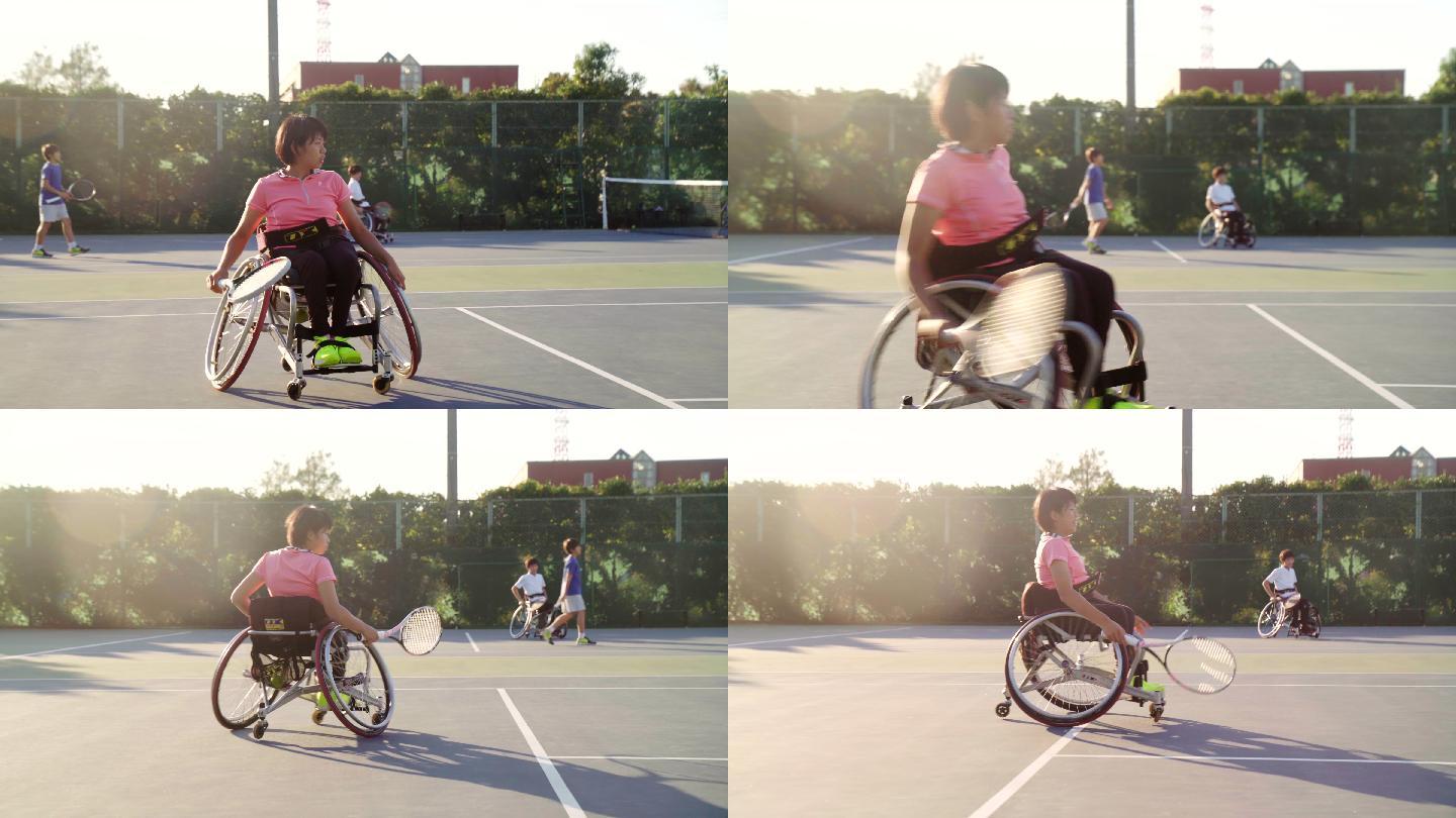 残疾女孩打网球社区小区体育场体育