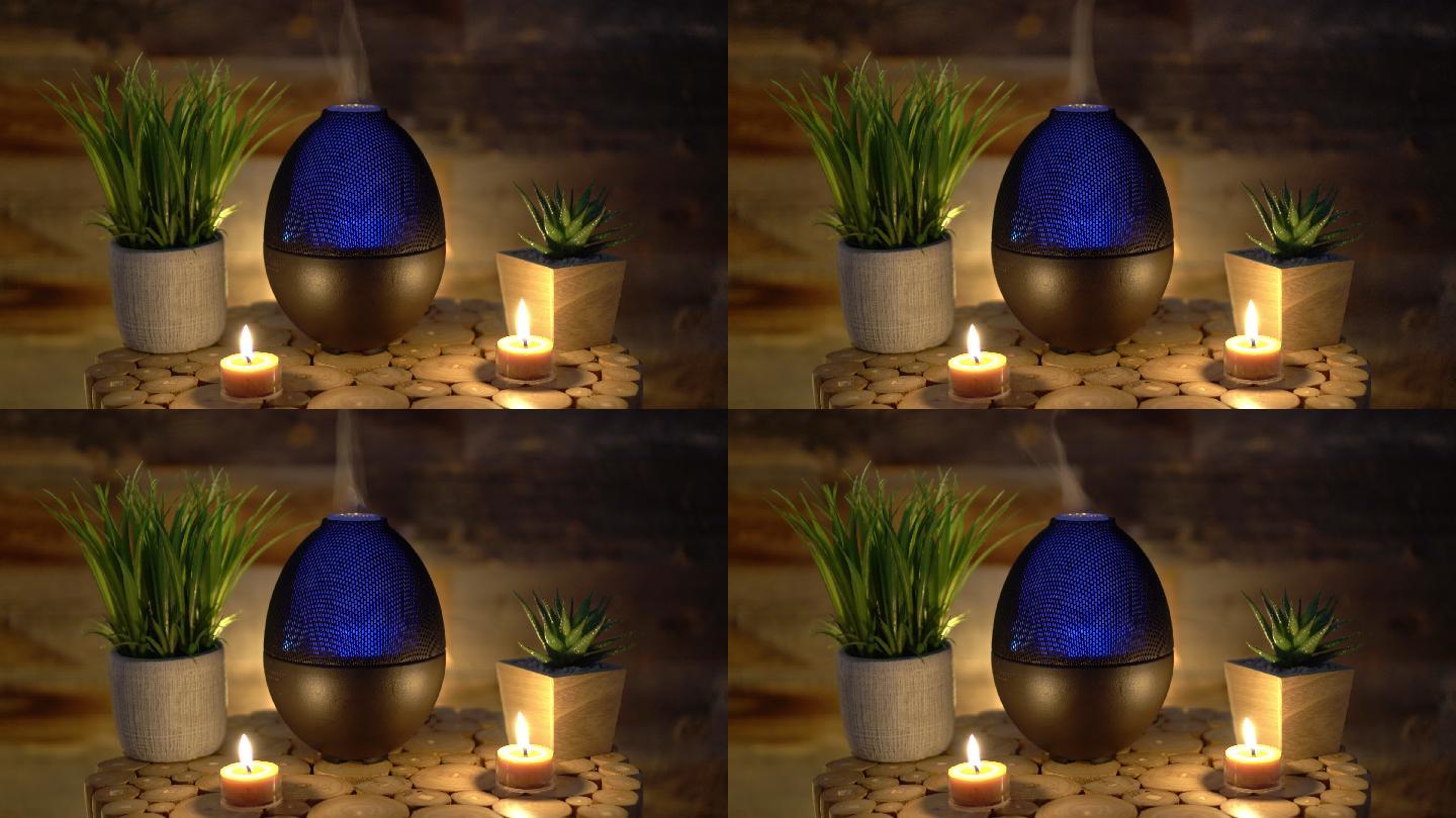 房间木桌上的蜡烛。芳香疗法。