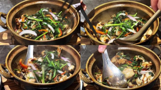 一锅美味的经典粤菜啫啫煲，肥美牛蛙煲