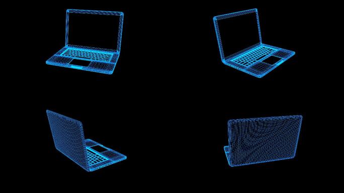 蓝色线框全息科技笔记本电脑动画带通道