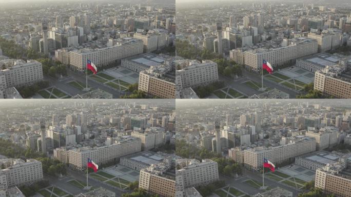 智利国旗飘扬城市建筑快速发展航拍延时国外