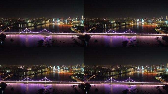 4K夜景航拍特写长沙三叉戟大桥福元路大桥