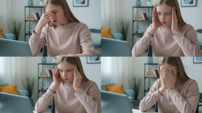 少女用笔记本电脑触摸头部和眼睛在家学习