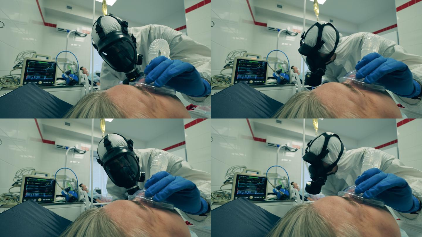 医生在治疗患者时使用呼吸机。