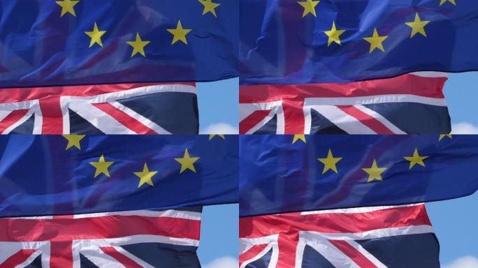 英国和欧盟的旗帜在风中飘扬。