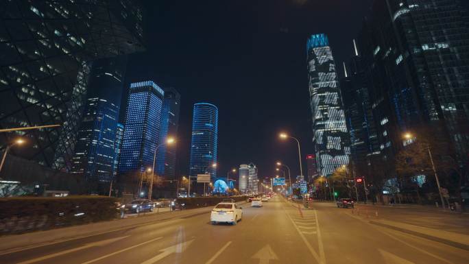 车载拍摄北京CBD繁华夜景城市道路