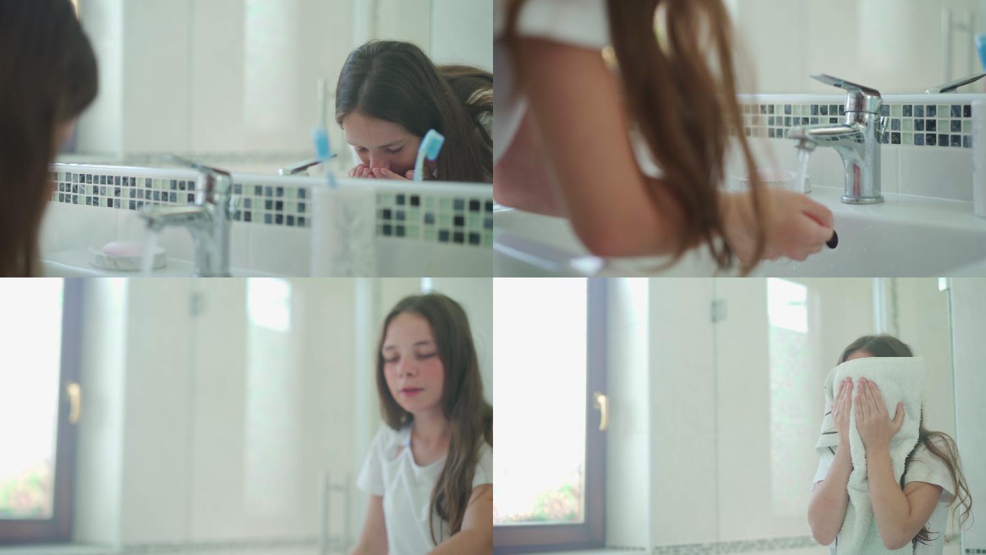 少女正在拉伸身体，然后早上在浴室洗脸。
