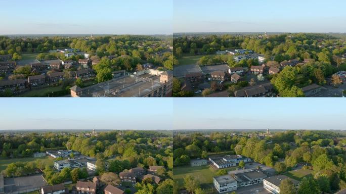 夏天日落时一个普通英国小镇的空中镜头