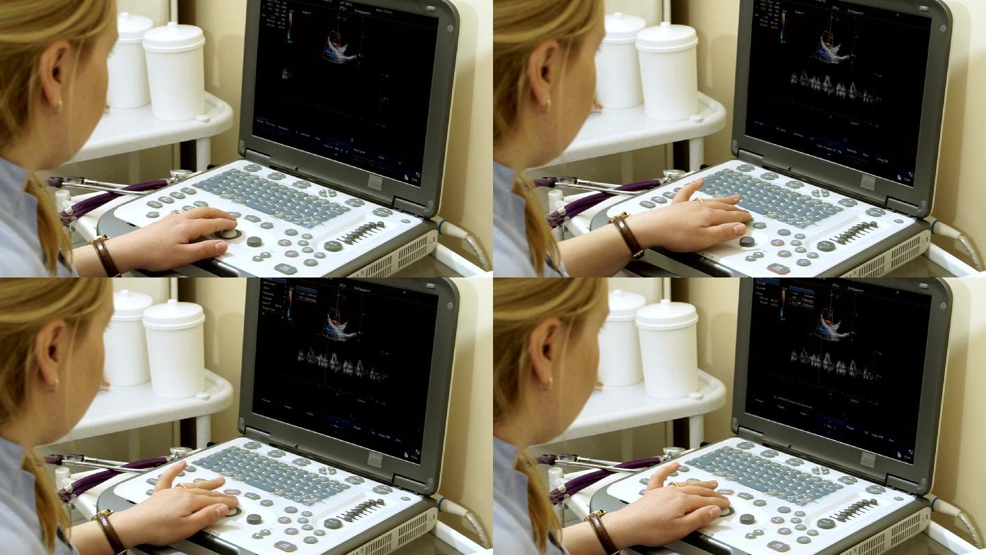 女医生用超声波设备检查病人的心脏
