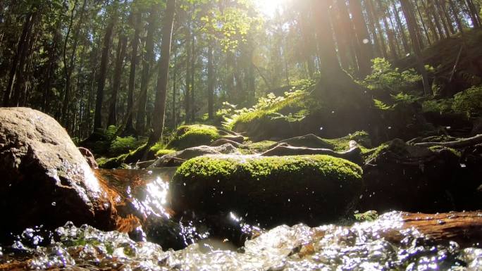 瀑布小溪流淌奔流水花溪水山泉山涧