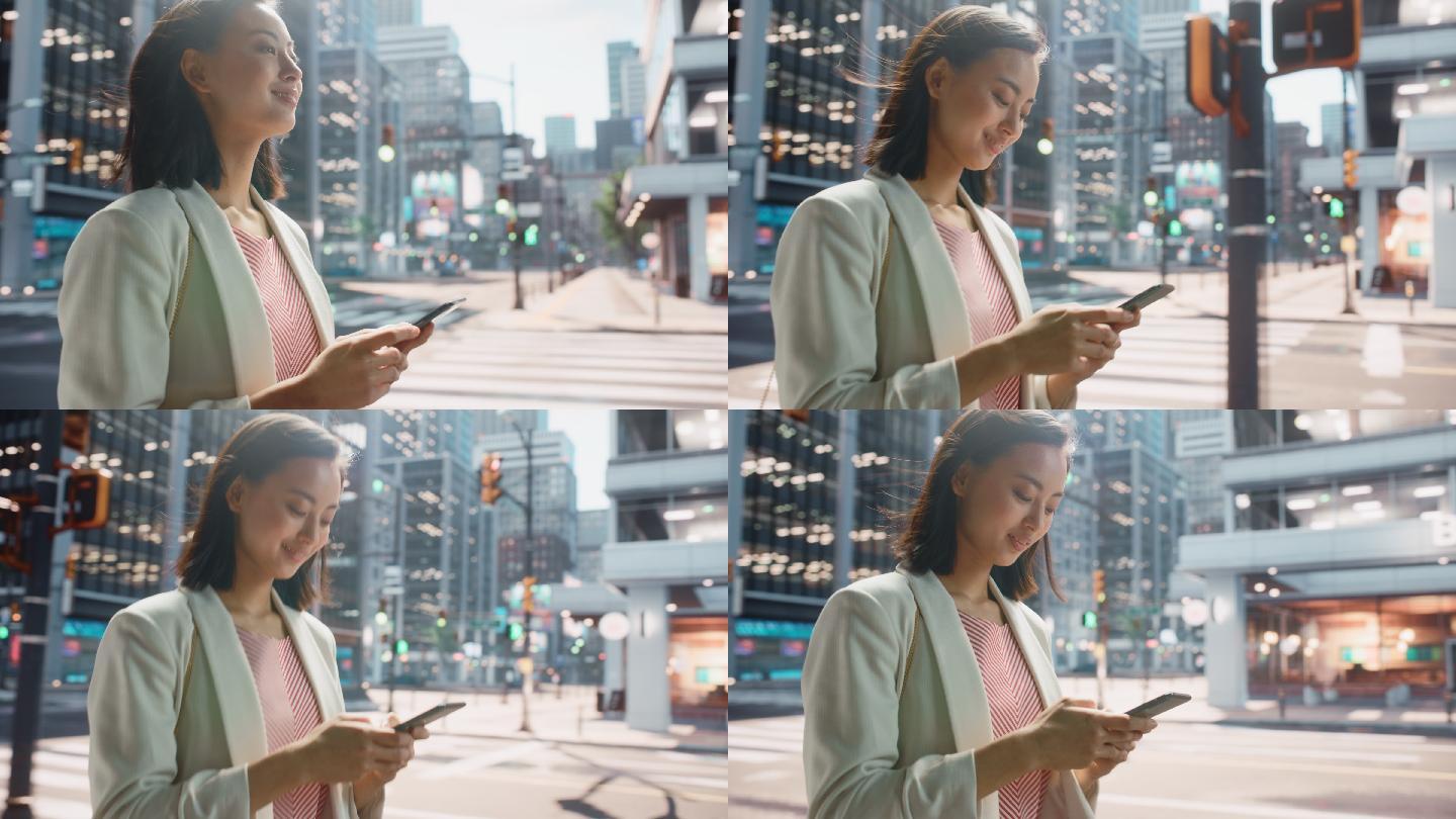 在城市街道上使用智能手机的美女