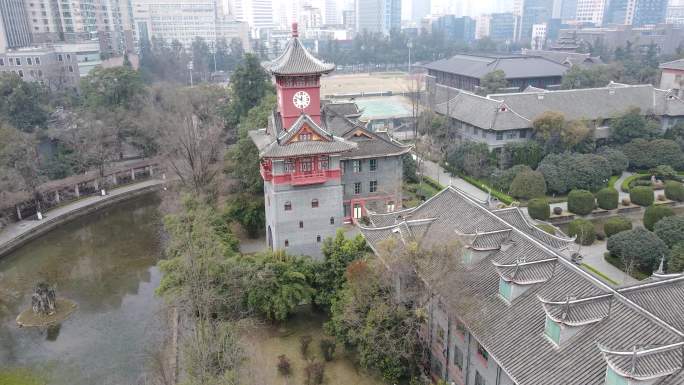 四川大学华西校区中轴线古建筑钟楼航拍4K