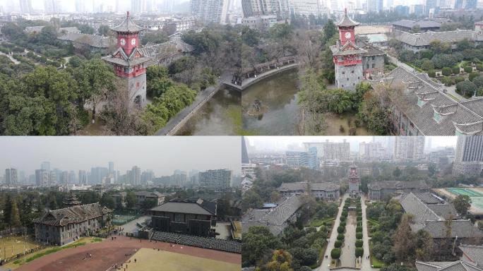 四川大学华西校区中轴线古建筑钟楼航拍4K