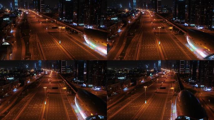 迪拜夜间空旷街道鸟瞰图