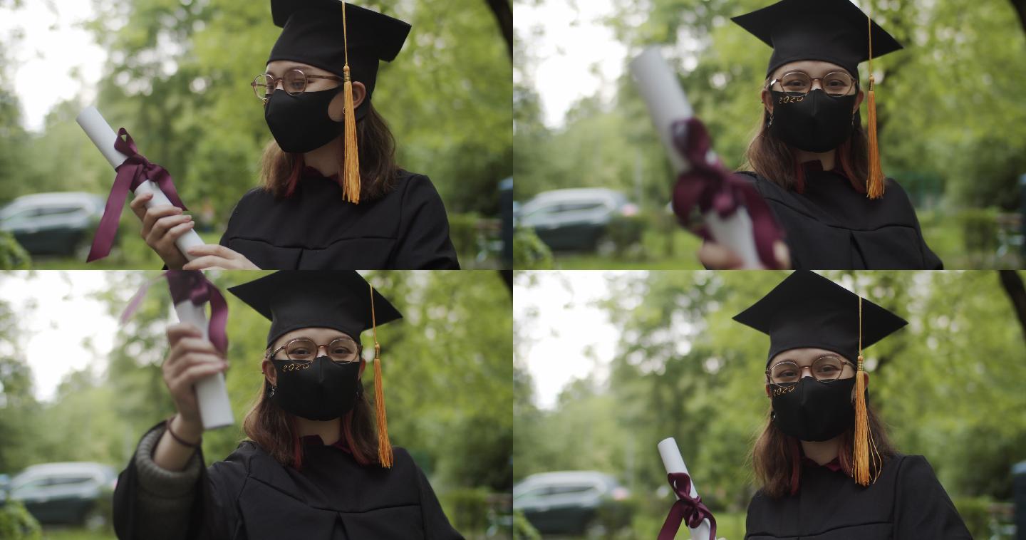 毕业的少女戴口罩学士服学位服