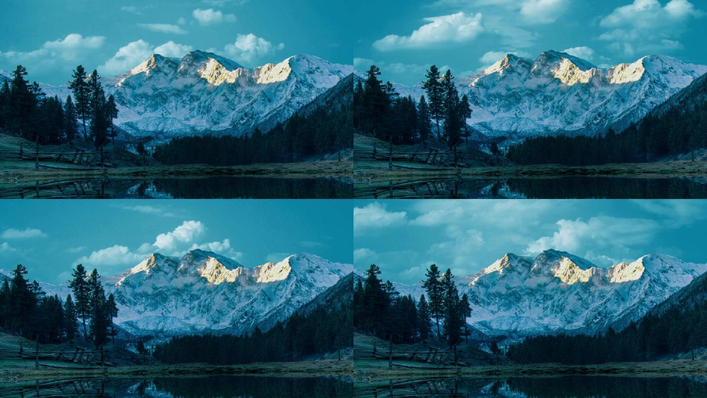 雪山脚下树林湖景延时摄影素材无缝循环背景