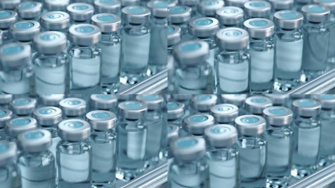 无标签透明瓶在实验室研究药物输送带上移动