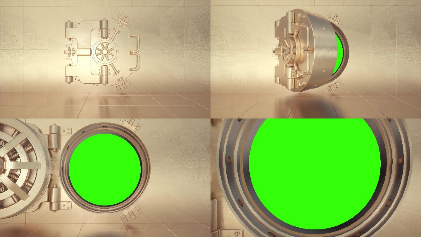 巨大的圆形金库门向绿色屏幕动画打开