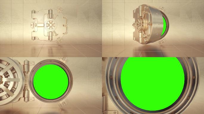 巨大的圆形金库门向绿色屏幕动画打开