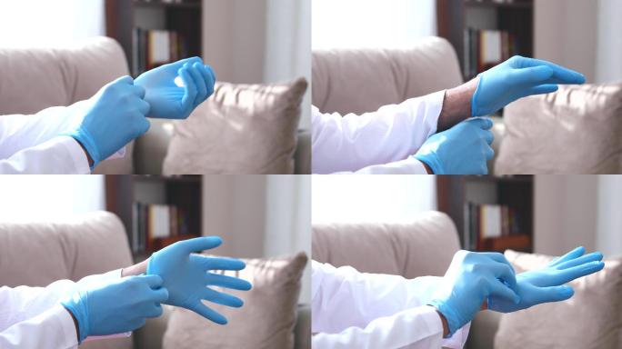 医生佩戴手套专用乳胶手套疫情防护戴手套