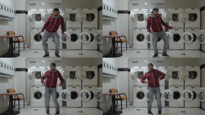 男人在洗衣房里跳病毒舞